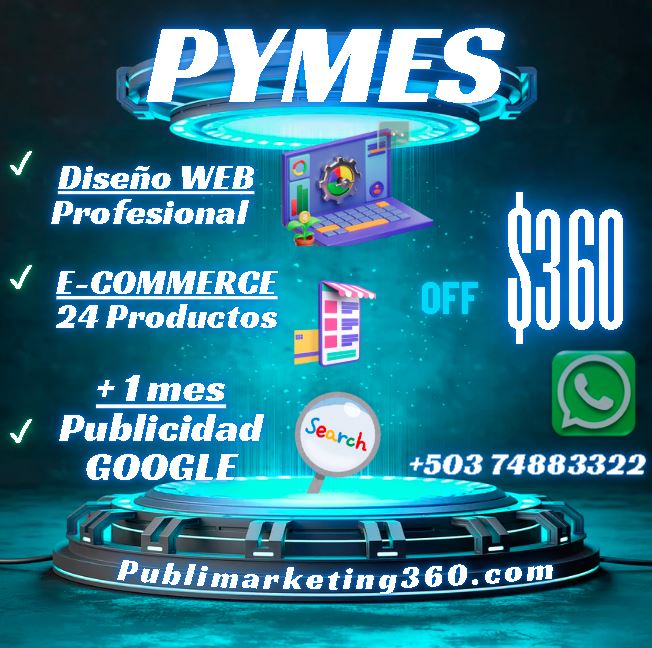 Un paquete de marketing digital que incluye diseño web, creación de tienda en línea y un mes de publicidad, todo por $360.