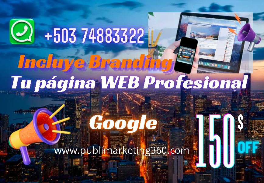 Un paquete de marketing digital que incluye una página web profesional incluye branding, disponible por $150.